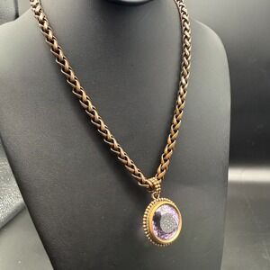 💜 Stephen Dweck‎ 1994 Signed Necklace | 30" Heavy Bronze Chain | 1.25" Amethyst